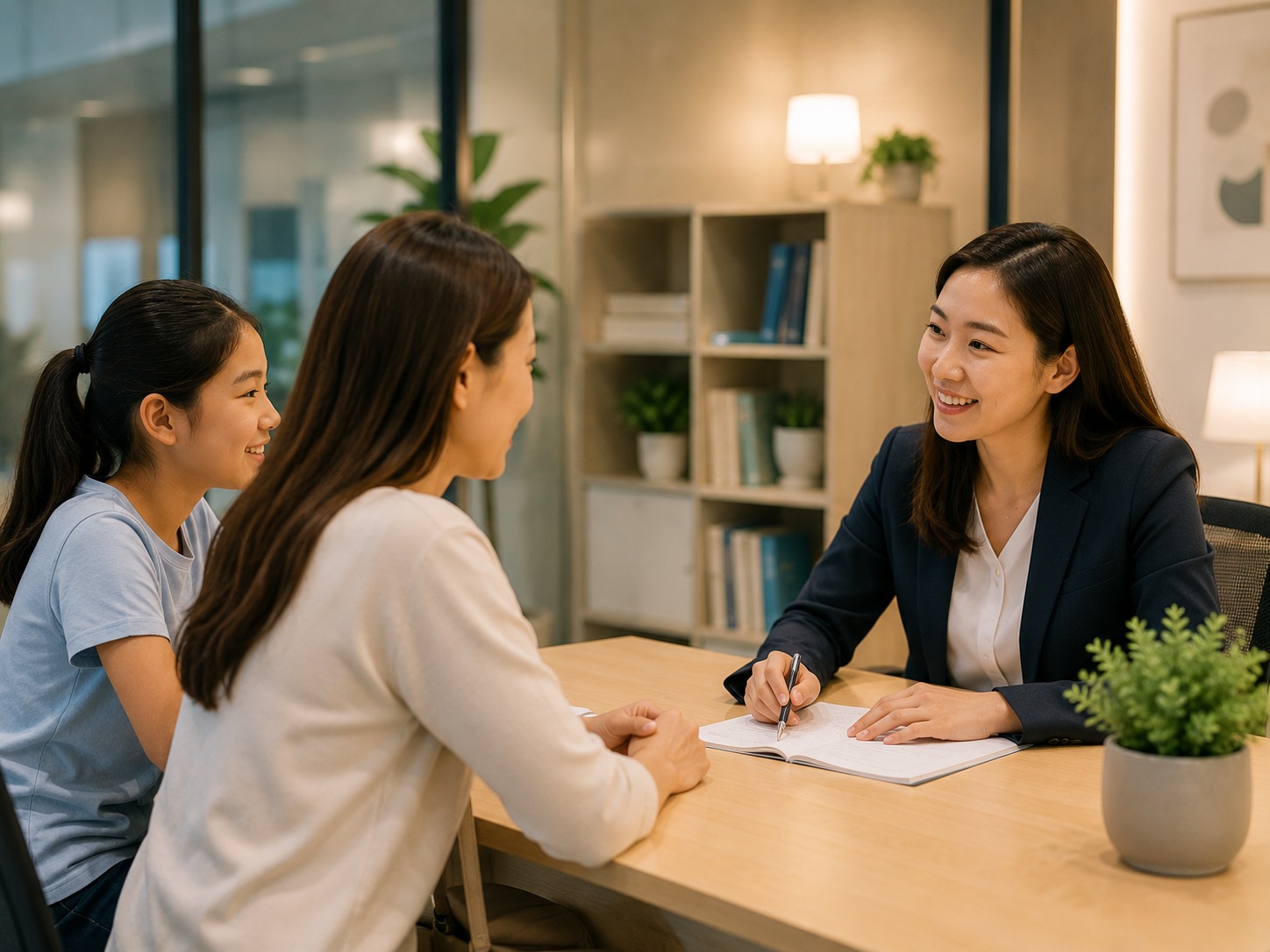 Parent speaking with a tuition centre advisor in a professional learning centre